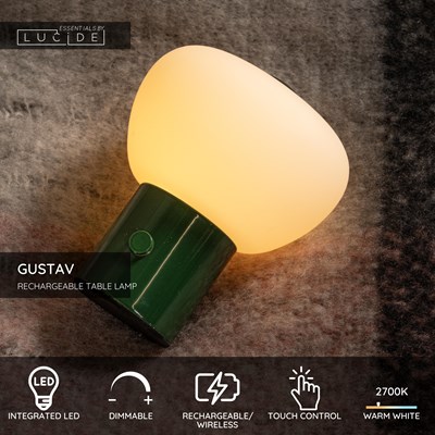 Lucide GUSTAV - Rechargeable Table lamp - Battery pack - Ø 8 cm - LED Dim. - 1x0,8W 2700K - Green | Essential